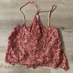 Free People Sequined Spaghetti Cami Top  Rosy Pink Color Women’s Size XS